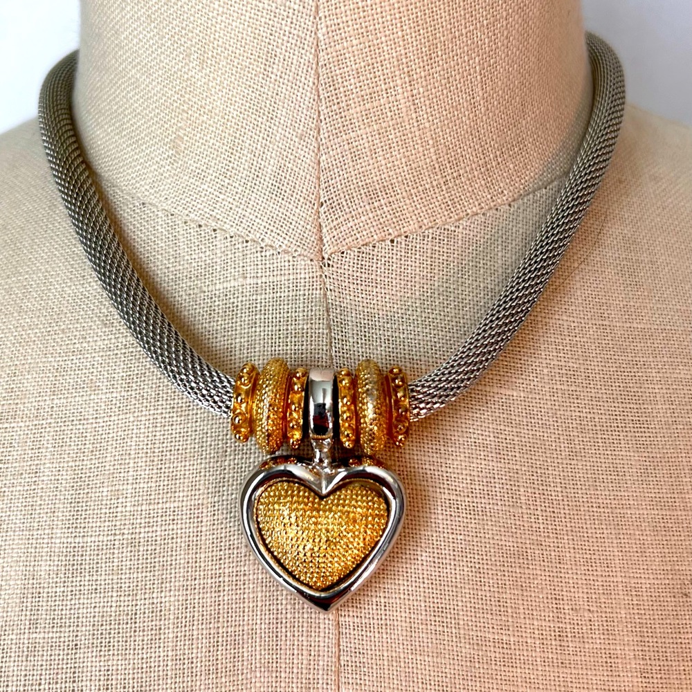 Silver and Gold Mesh Necklace w Heart Pendant
